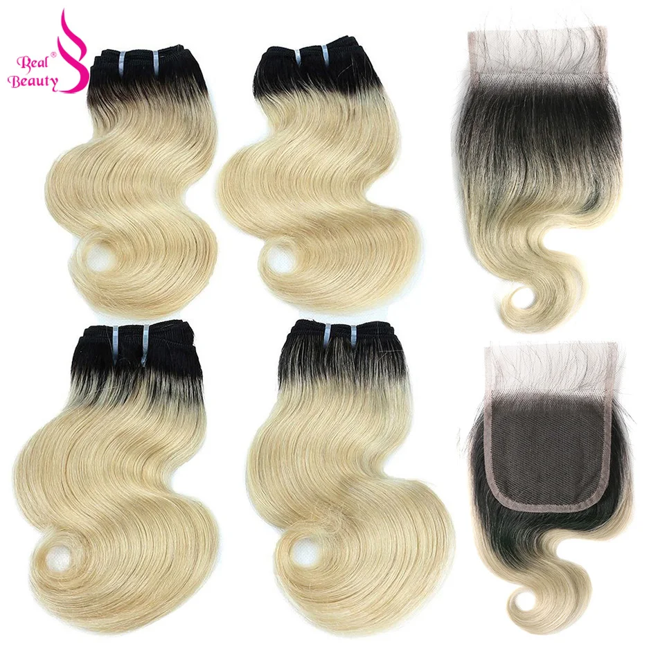 

Real Beauty Body Wave 4 Bundles with Closure Brazilian Remy Human Hair Bundles 50G Deals Ombre Blond Human Hair Extensions