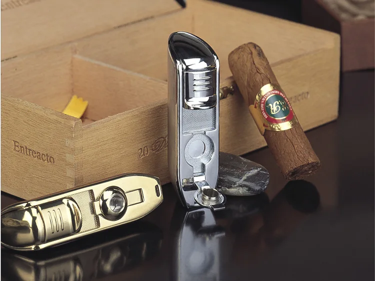 Металлическая ветрозащитная Мини карманная зажигалка для сигар, 3 струйный синий фонарь с пламенем, зажигалки для сигарет, встроенный портсигар CL001