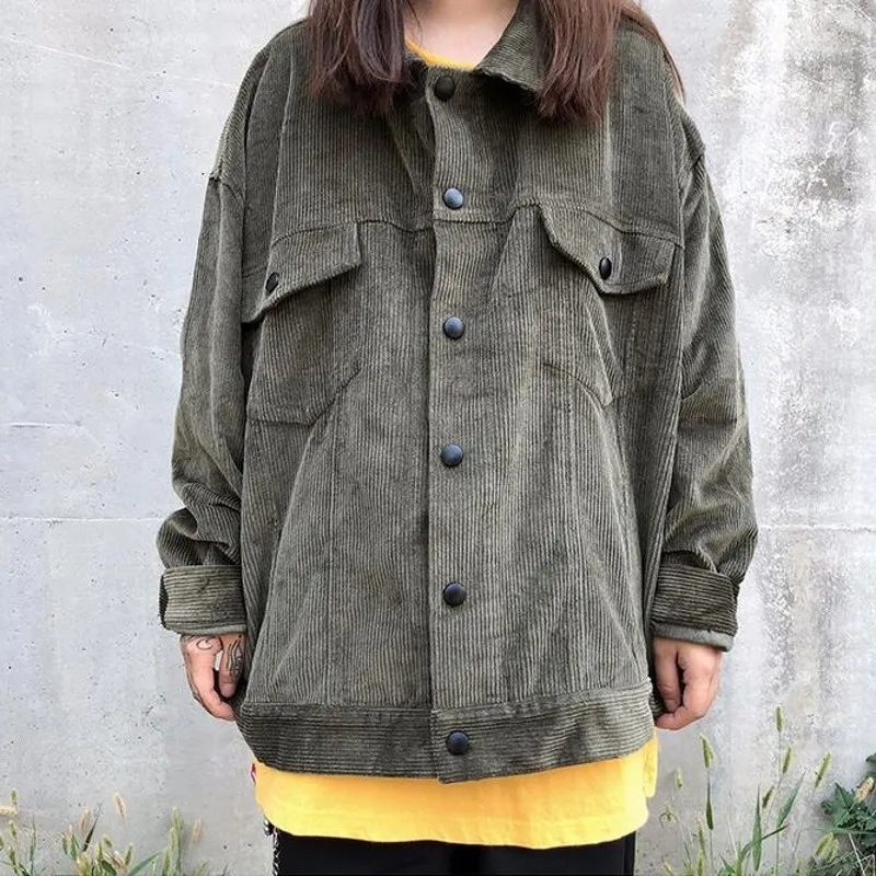 army green Harajuku Осень Винтаж Свободные унисекс вельветовые куртки высокое качество с длинным рукавом однобортный карго Повседневная Верхняя одежда Пальто - Цвет: army green