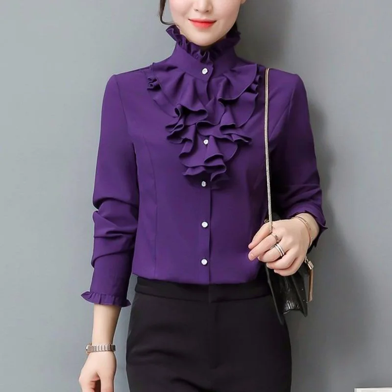 Fashion Commute Ruffles Chiffon Shirts 2022 Spring Autumn New Office Lady Elegant Blouse Solid Stand Collar All-match Blouse 5XL