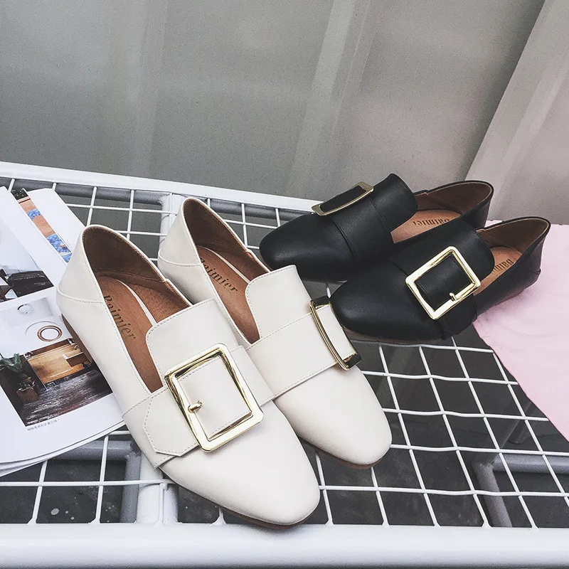 

Square Head Square Buckle Flat Keel Thin Shoes Casual Small Leather Shoes Slip-on Loafers Soft-Sole Work Women's