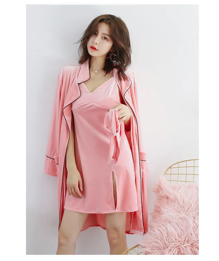 Winter New Gold Velvet Keep Warm Women Robe Set With Belt Cardigan Spaghetti Strap Twinset Sleepwear