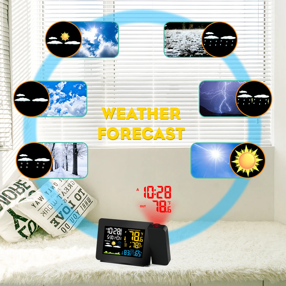 Проекционный Будильник Метеостанция красочная подсветка с наружными датчиками влажность в/на открытом воздухе температура время проектора