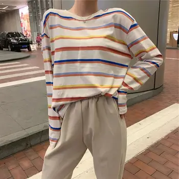 

MISSKY New Women tshirt Rainbow Stripes T-shirt Loose Long Sleeve Round Collar Tops Autumn Spring Female Tops