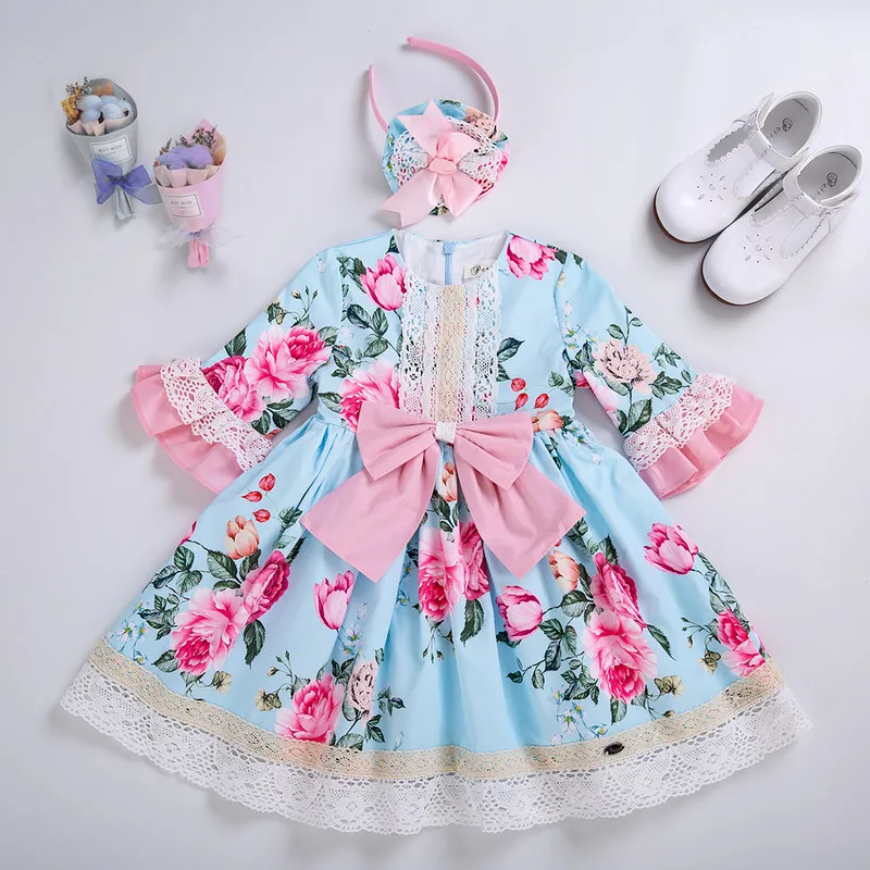 Cutestyles/новейшее голубое платье с цветочным принтом для девочек эксклюзивная детская одежда для вечеринки, дня рождения, с бантами A271(платье длиной до колена