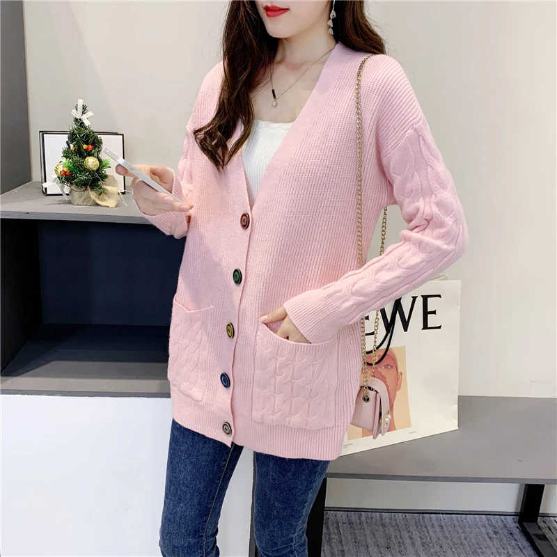 

5 Colors Women Knitted Cardigan Autumn Winter Korean Oversized Long Sleeve Sweater Black Blue Pink Casual Warm Sweater Coats New