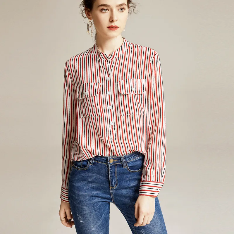 100% Natural Silk Striped Blouse 20202 Women Stand Collar Korean Top  Casual  Chiffon Blouse Blusas Mujer De Moda Woman Clothes - 4.00066E+12