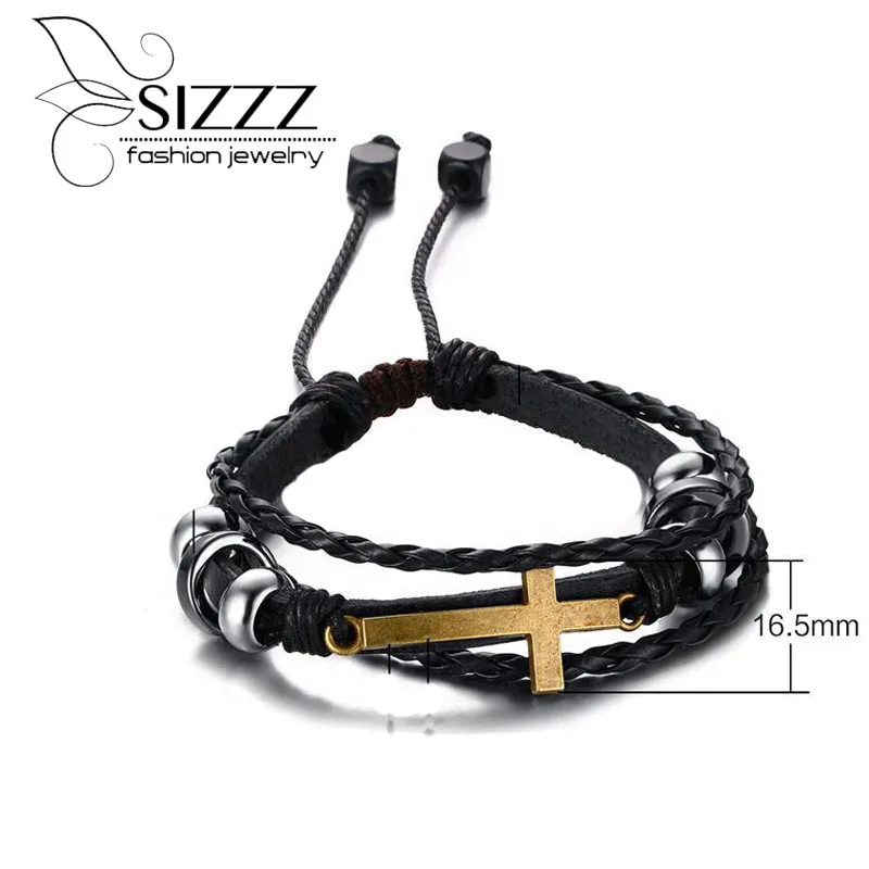 Новое поступление, сплав, черное украшение с коричневым камнем и крестом, Регулируемая кожаная Ручная Веревка, персонализированный мужской браслет