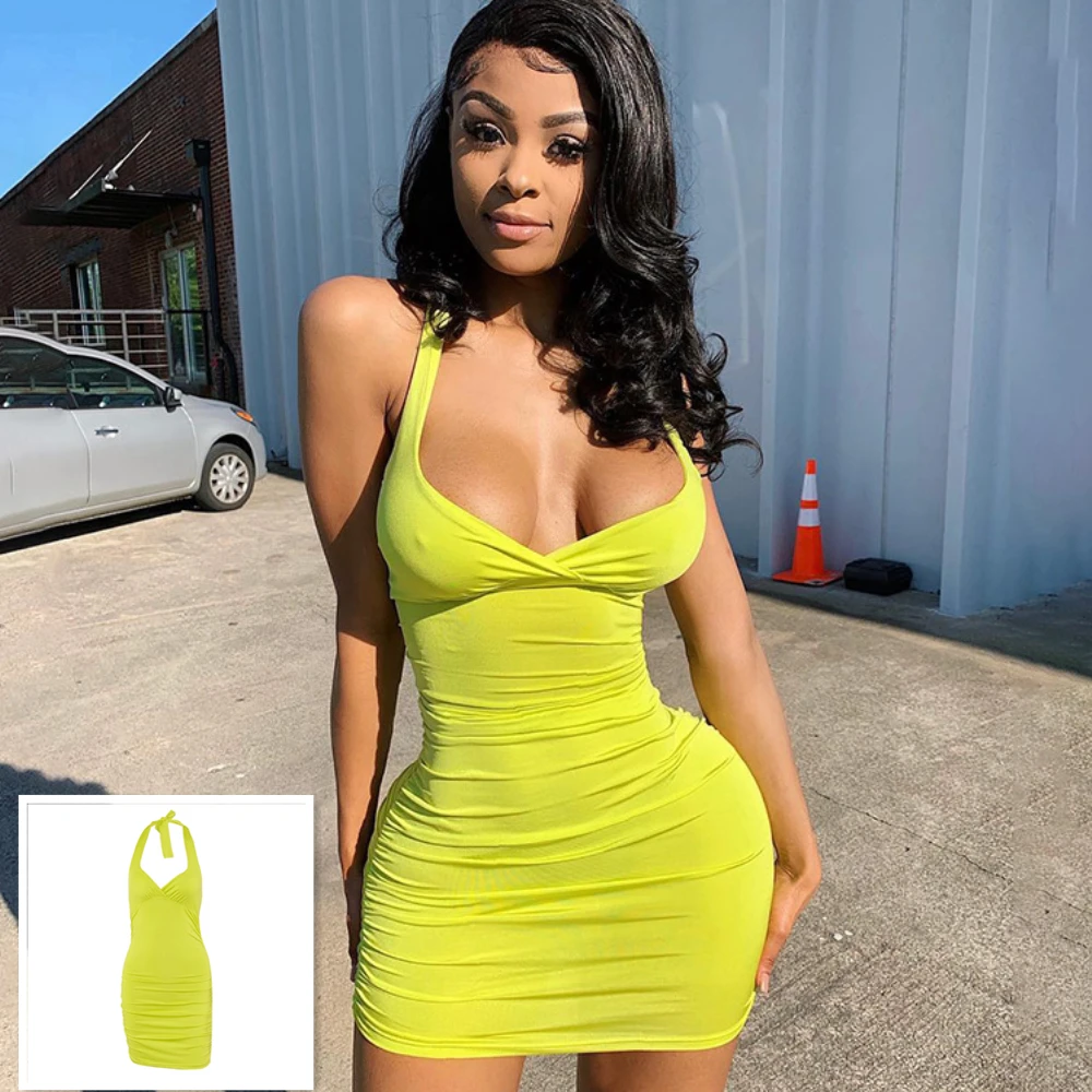 Пляжные вечерние платья с v-образным вырезом неоново-желтое обтягивающее