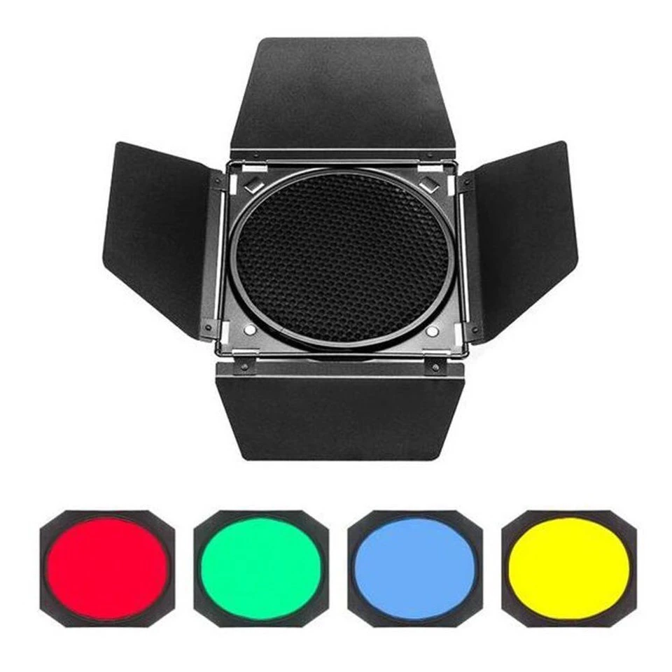 Godox BD-04 дверь сарая+ сотовая сетка+ 4 цвета фильтр красный/синий/зеленый/желтый для Bowen крепление стандартная вспышка со светоотражателем аксессуары