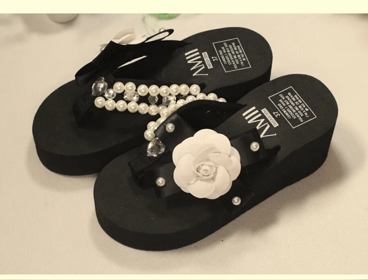 

DIY Eva Sandals Camellia Bow Man-made Diamond Pearl Slanted Heel Sandals Flower Flip-flops