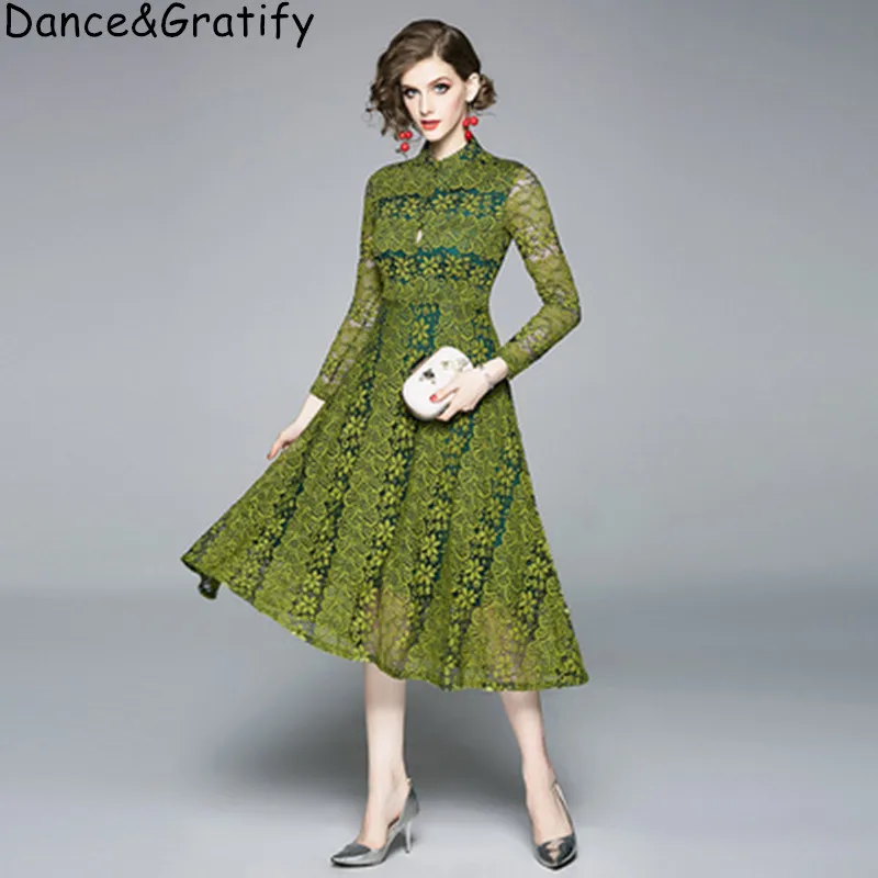 

High Quality Elegant Long Sleeve Big Swing Party Dress Women Autumn Fashion Lace Crochet Flowers Pattern Green Sundress