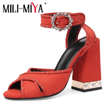 

MILI-MIYA Sexy Kid Suede Super High Square Heels Women Sandals Buckle Strap Ankle Wrap Crystal Dress Party Shoes Plus Size 34-43