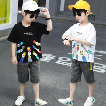 

Child clothing boy clothes 2020 summer new printed short-sleeved T-shirt denim shorts casualwear suit 4-11 Quality kids clothing