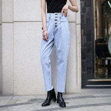 Новинка осени, женские джинсы с высокой талией и пуговицами, штаны длиной до щиколотки, женские джинсы, модные повседневные джинсы для женщин размера плюс