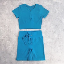 Conjunto feminino esportivo de zíper, camisetas e shorts sem costura, peças para academia e ioga