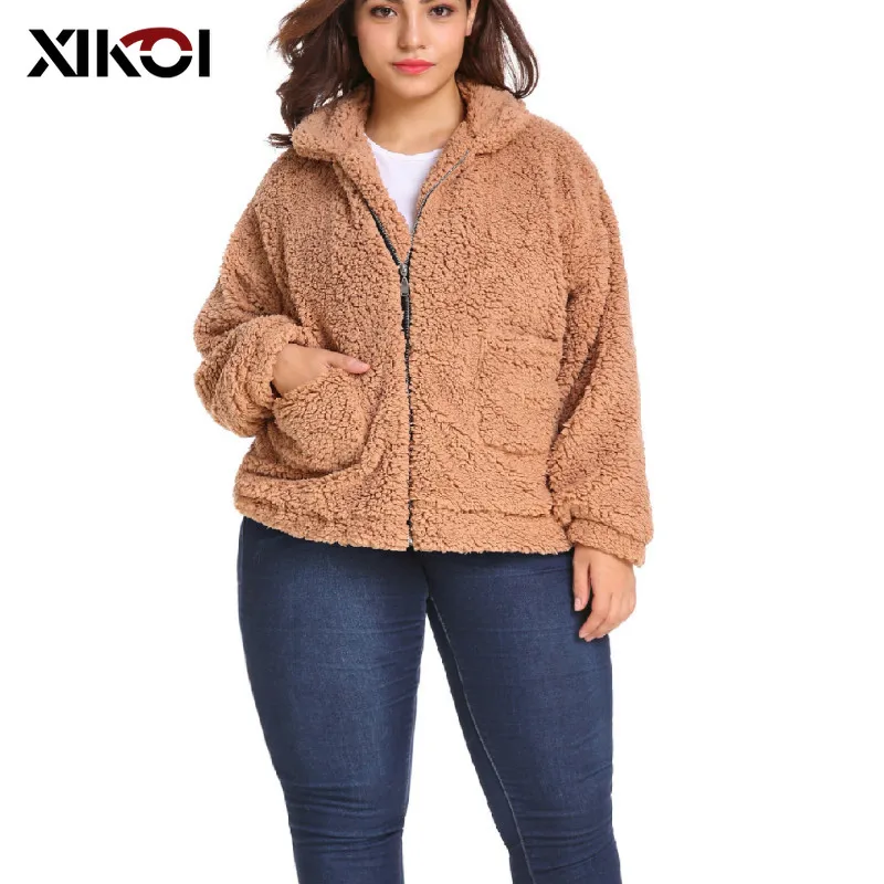 Light Camel Женское пальто из искусственного меха размера плюс, размер d 6XL, зимняя утепленная Меховая куртка, женское черное меховое пальто, женское плюшевое пальто с карманом - Цвет: Light Camel