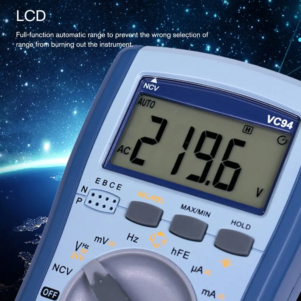 Цифровой мультиметр DC/AC напряжение тока T-RMS Авто Диапазон NCV/конденсатор/частота/Триод/диод/температура тестер VC94
