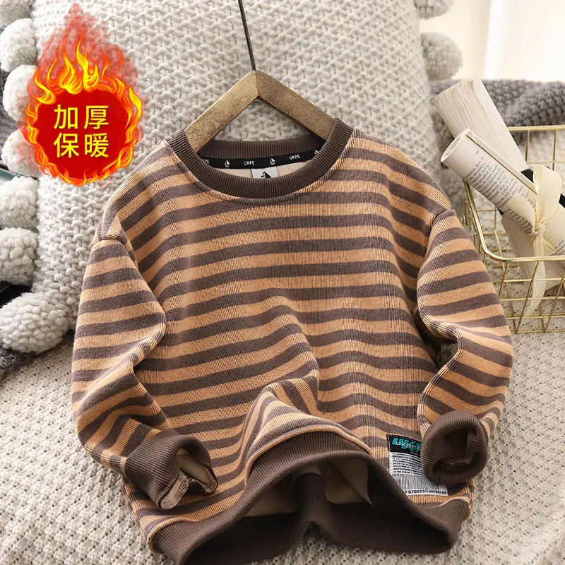 Boys' Fleece-Lined Sweater New Children's Stripe Thickening Warm Medium and Big Children's Boy Bottoming Shirt Long-Sleeved Top kids sweater kids hoodie sweatshirts