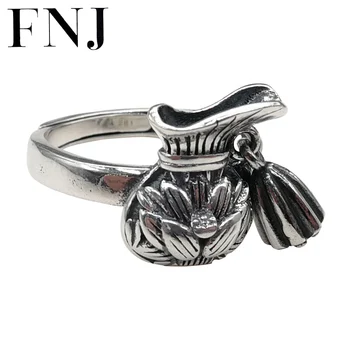 

FNJ Money Bag Ring 925 Silver Adjustable Size 100% Original Real S925 Solid Silver Rings for Women Jewelry Fine Lotus Flower