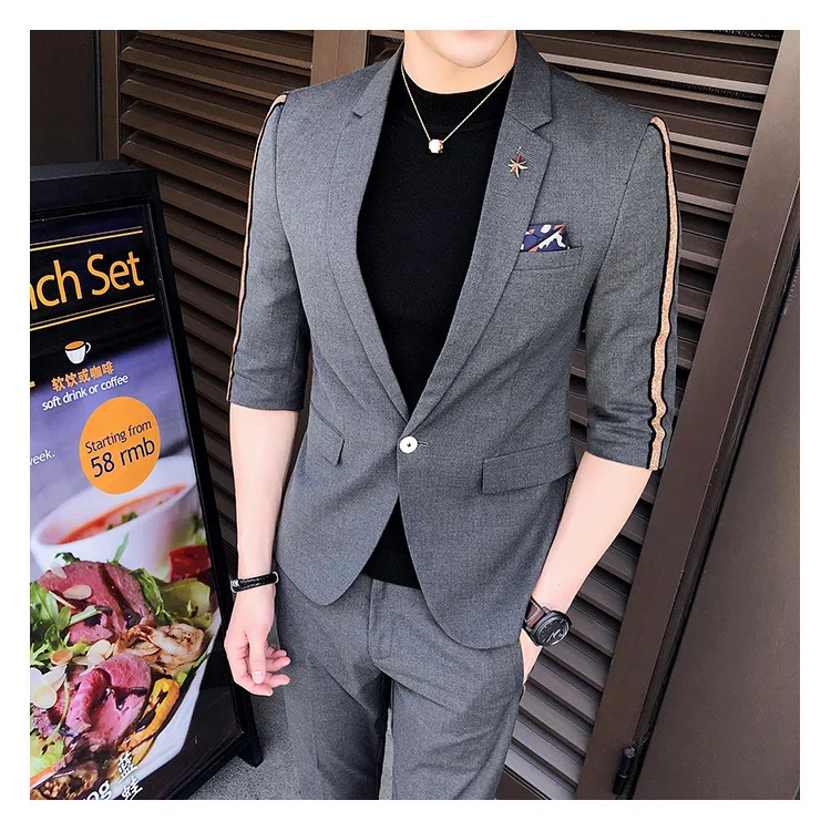 Tops+ pants) casual business seven points sleeve suit men's suit summer handsome night Slim barber suit suit wedding