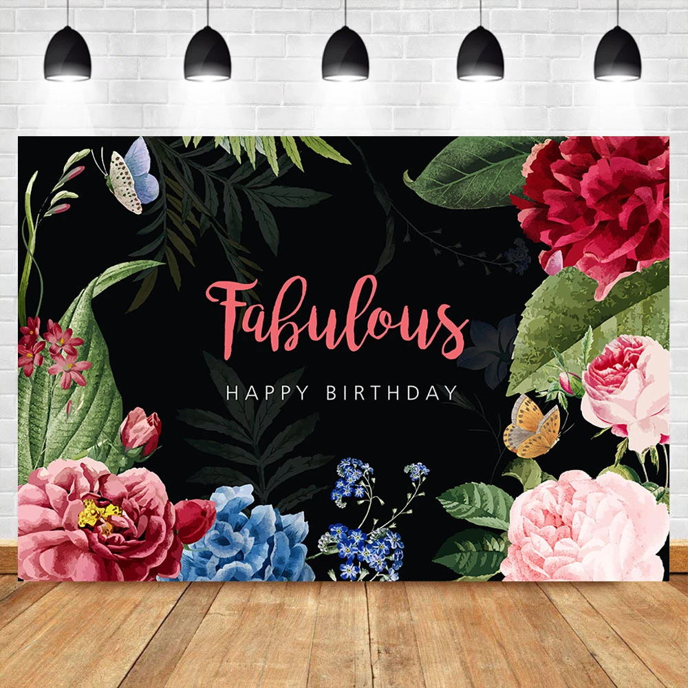 Joyeux Anniversaire Toile De Fond Rad Rose Bleu Photographie Florale Arriere Plan Ete Vert Feuilles Fleur Fete D Anniversaire Banniere Decors Aliexpress