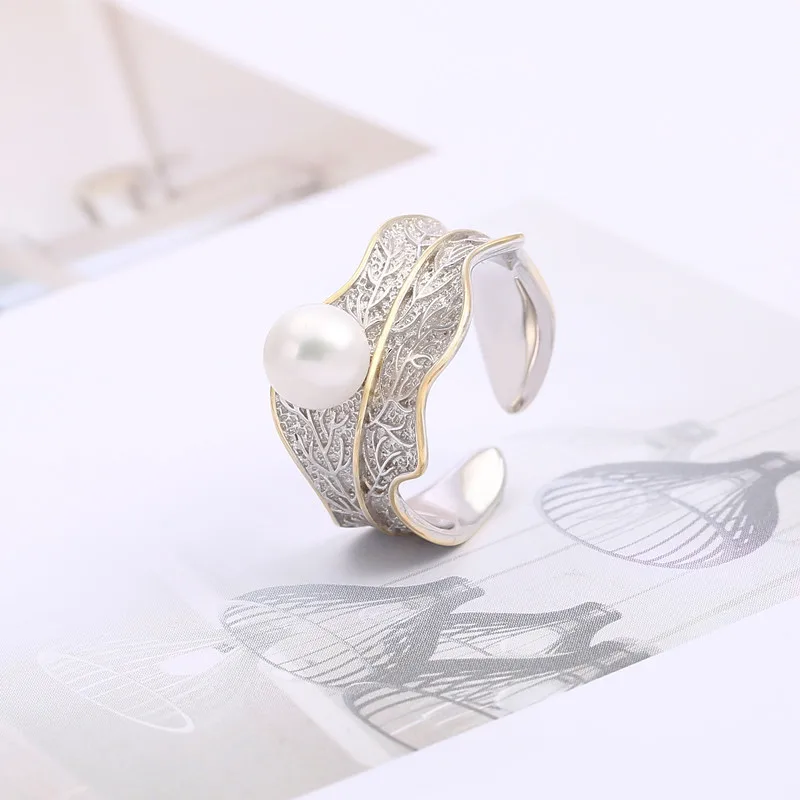 S925 Sterling Silver Jewelry Natural Pearl Ring Fittings Adjustable Simple Fine Silver Open Ring Settings Mountings Diy