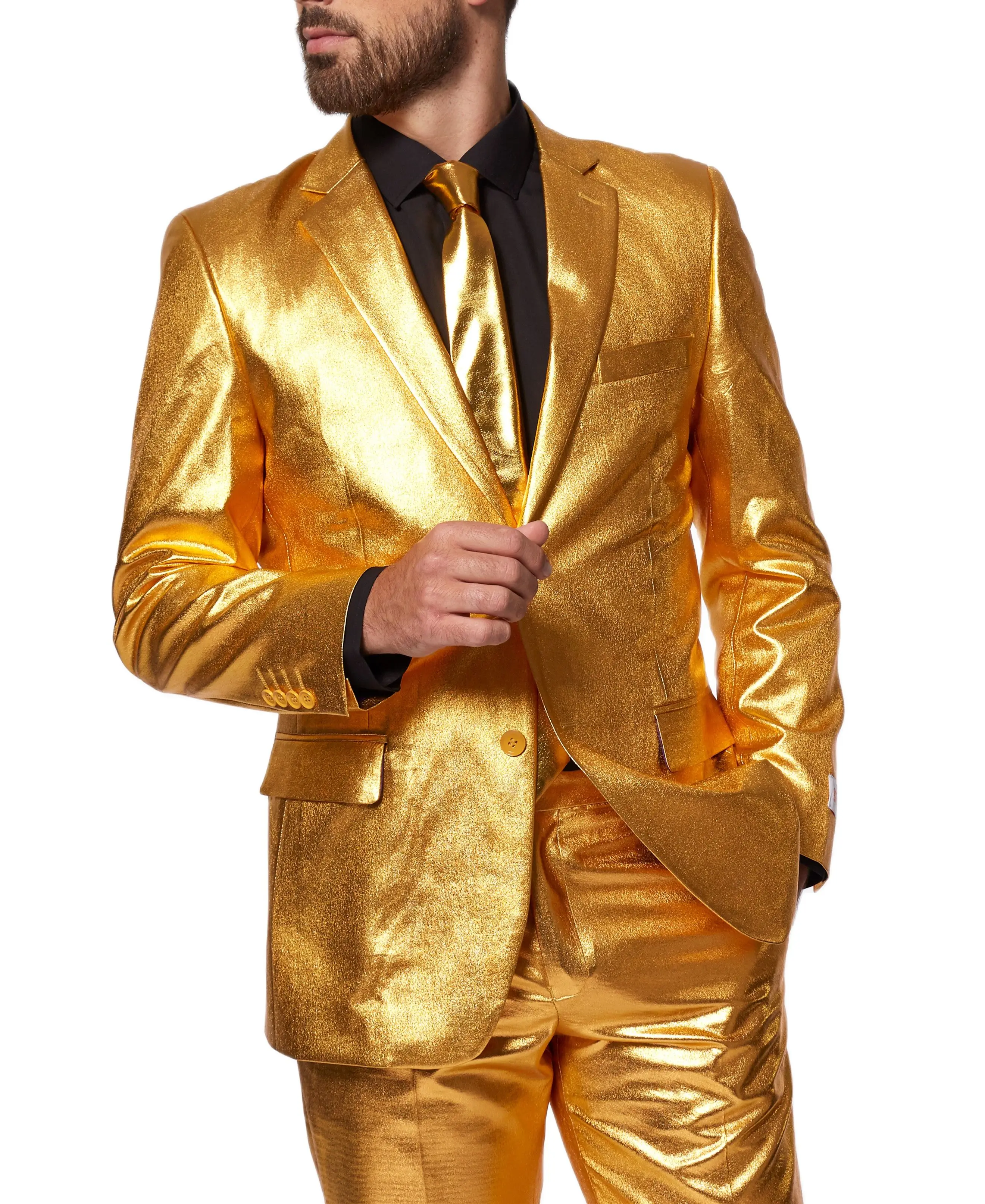 Gold Silk Satin Men Suits Blazer Pants Groom Prom Party Wedding Tuxedos2  Pieces 