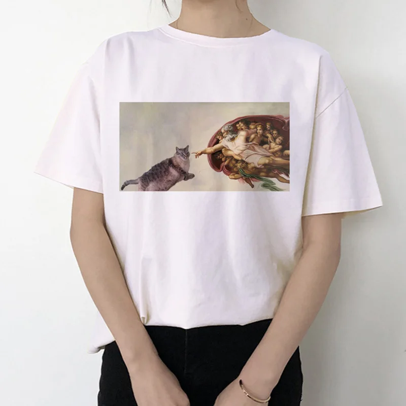 Забавная женская футболка с котом,, микеланжело, Корейская, Kawaii, Ulzzang, футболка, женская, графическая, короткий рукав, принт, футболка с круглым вырезом, модная