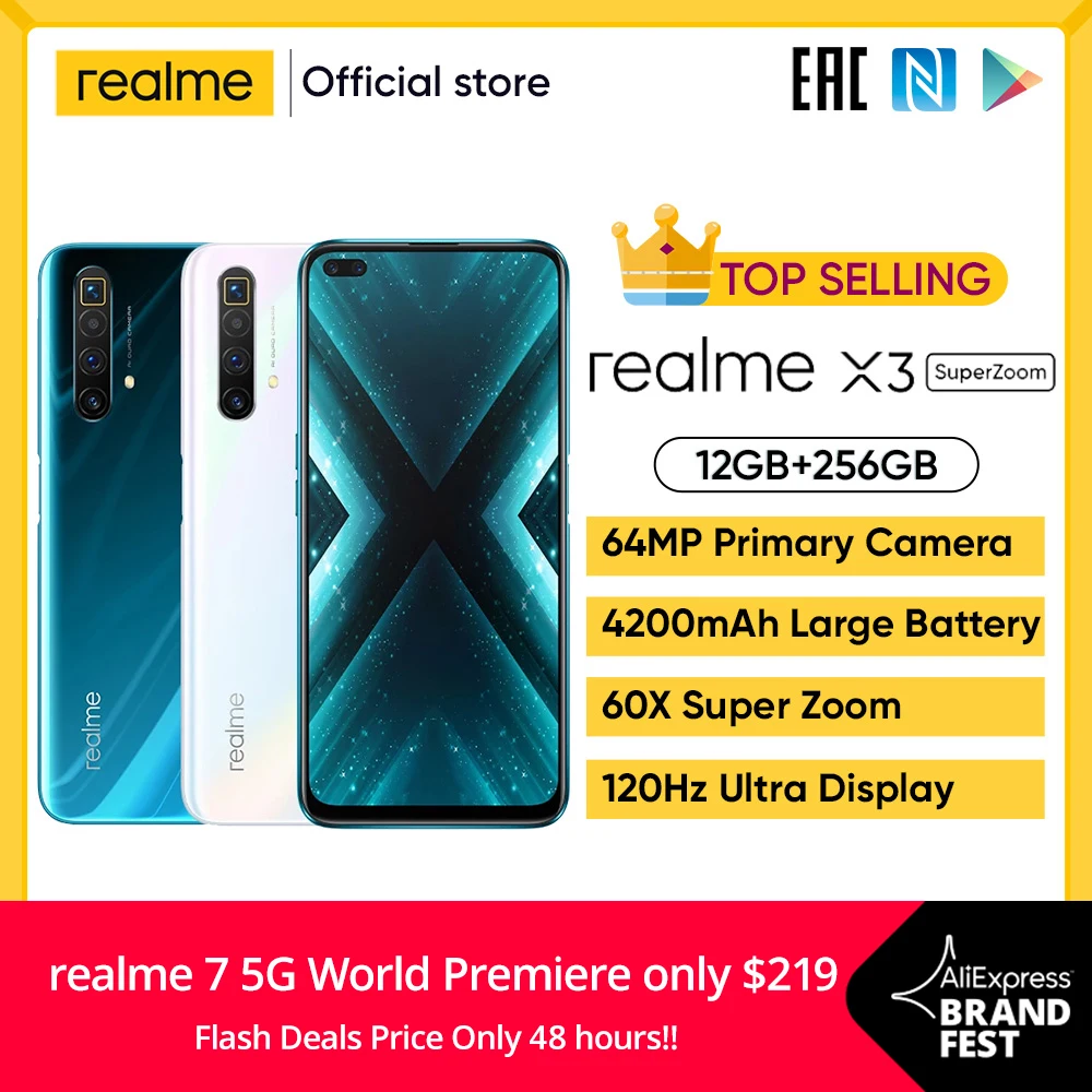 Realme X3 12 Гб 256 Смартфон 120 Гц Дисплей мобильный телефон 64MP 60X суперзум мобильных