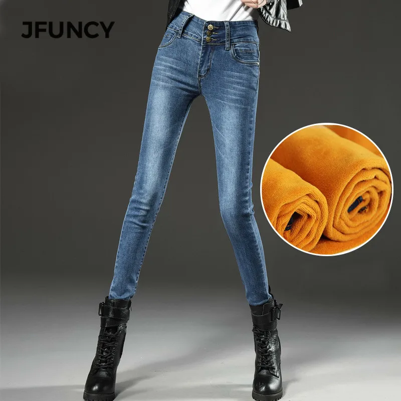 JFUNCY, женские зимние джинсы, эластичные, с высокой талией, обтягивающие, джинсовые штаны, с флисовой подкладкой, джеггинсы, повседневные, размера плюс, женские, вельветовые, теплые