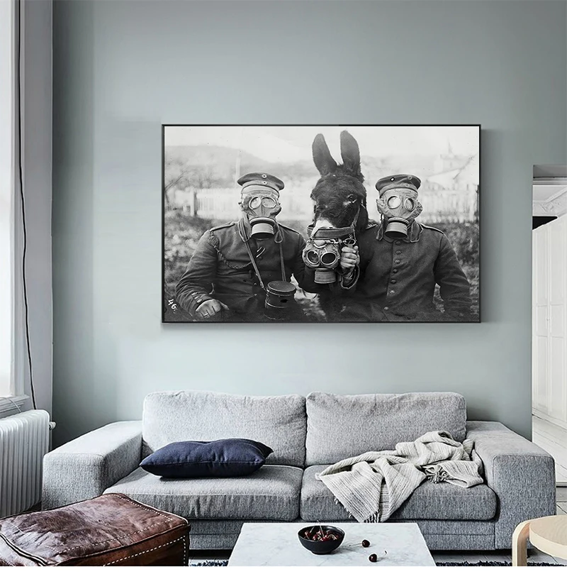 Poster Prints A Donkey and Two German Soldiers Antique Photography Wall Art Canvas Painting Decor World War I Black White Photo
