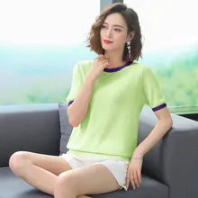 Women Summer Cotton Linen Blouses Green Pink White Black White Short Sleeve Tops Female O-neck Bright Colour Stripe Hem Blouse