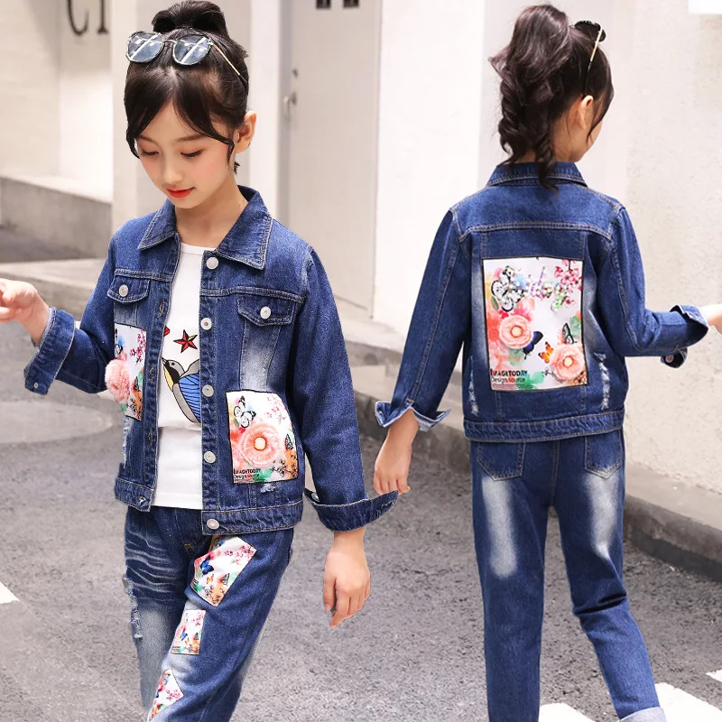 Two Pieces Kids Girls Denim Jeans Pants Set Outfit Spring New Style Kids Girls Denim Jacket Clothing Set