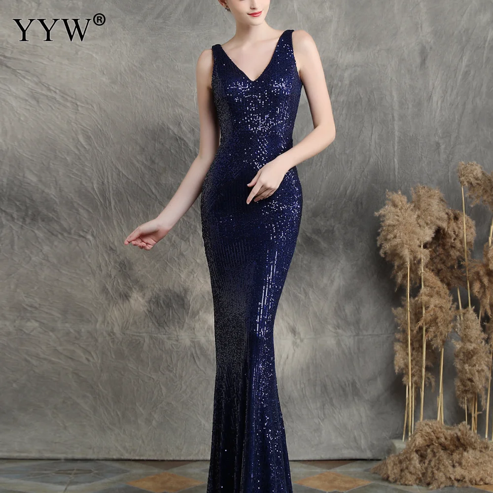 purplish blue Красные вечерние длинные вечерние платья с блестками, женские платья с v-образным вырезом, русалка без рукавов, модные Сексуальные Платья De Soiree, элегантные вечерние платья - Цвет: purplish blue