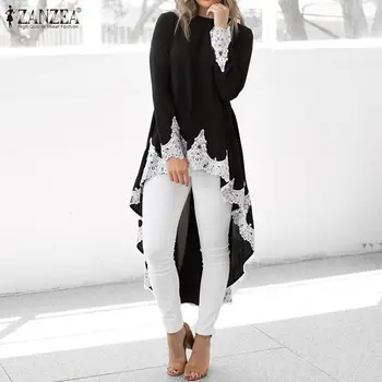 

Bohemian Lace Patchwork Tops ZANZEA Women's Asymmetrical Blouse Spring Long Sleeve Shirts Female Pleated Vestido High Low Blusas