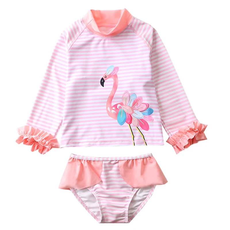 Long sleeves Girls Tankini set 2~10Y Girls swimsuit Two pieces Children Flamingo Swimwear Ins Unicorn Girls Rash Guard set-SW344