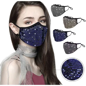 

4PC Reusable Windproof Halloween Masquerade Rhinestone Crystals Mask for Women Mouth Cover Face Shield Breathable Mondmaskers