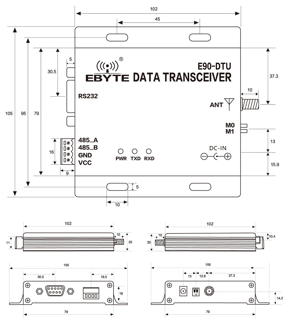 E90-DTU-230N37 Беспроводной трансивер RS232 RS485 230 мГц 5 Вт Long Distance 15 км узкополосный 230 мГц приемопередатчик модем