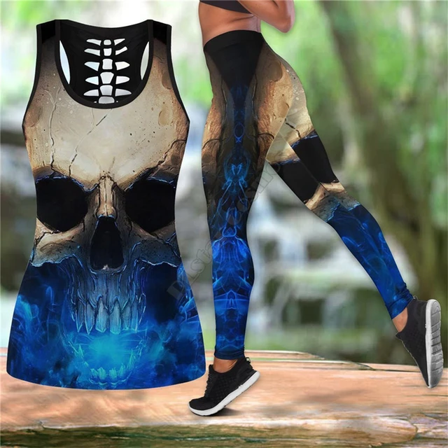 Crazy Skull Combo Outfit Leggings and Hollow out Tank Top Suit Sexy Yoga  Fitness Soft Legging Summer Women For Girl - AliExpress