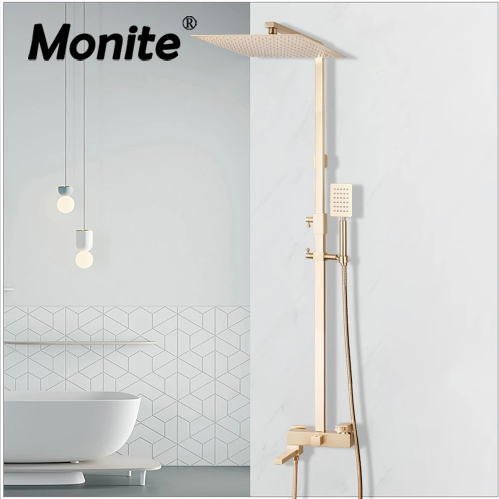 

Monite 12 Inch Bathroom Shower Faucet Brushed Golden Square Rainfall Wall Mounted Bathtub Shower Head Handheld Faucet Shower Set