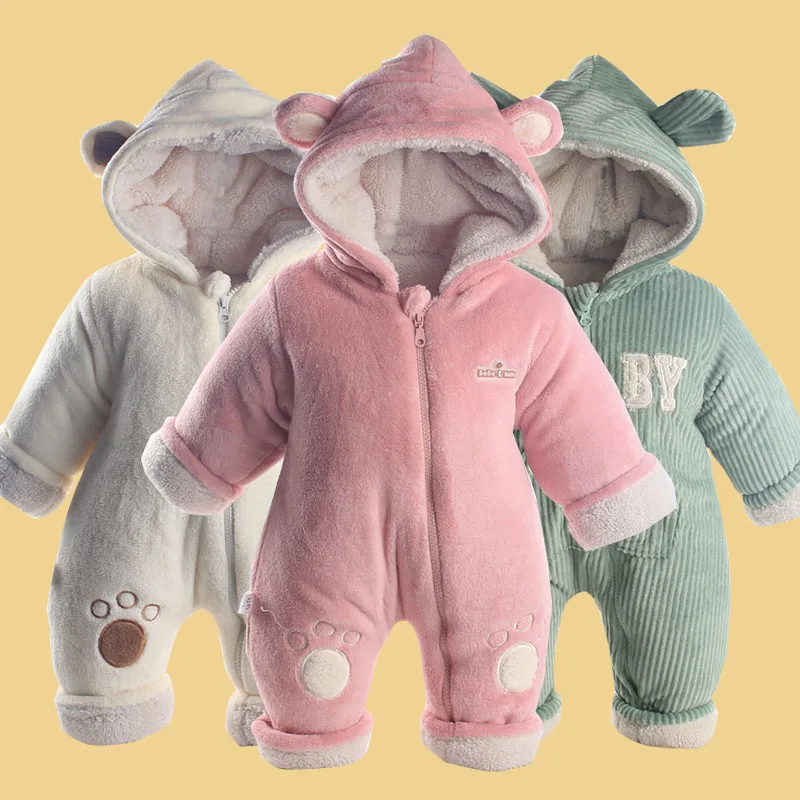 

Newborn Girl Boy Thick Zipper Hooded Romper Warm Winter Baby Infant Kid Fleece Stripe Jumpsuit Soft Outfit New Born Baby Clothes