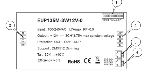 EUP135M-3W12V-0 100-240VAC вход 3.75A* 3 канала светодиодный DMX контроллер постоянного напряжения Светодиодный DMX контроллер серии