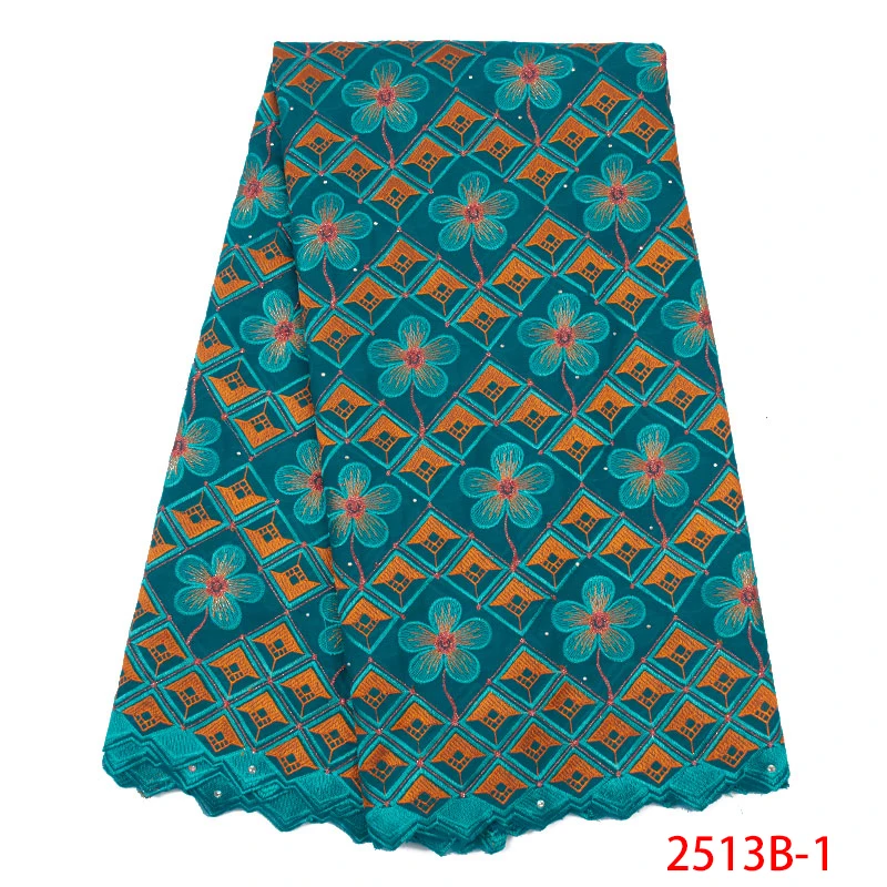 

High Quality African Lace Fabric 2019 Latest Design Swiss Voile Cotton Lace Fabric with Stones for Party Dress KS2513B-1
