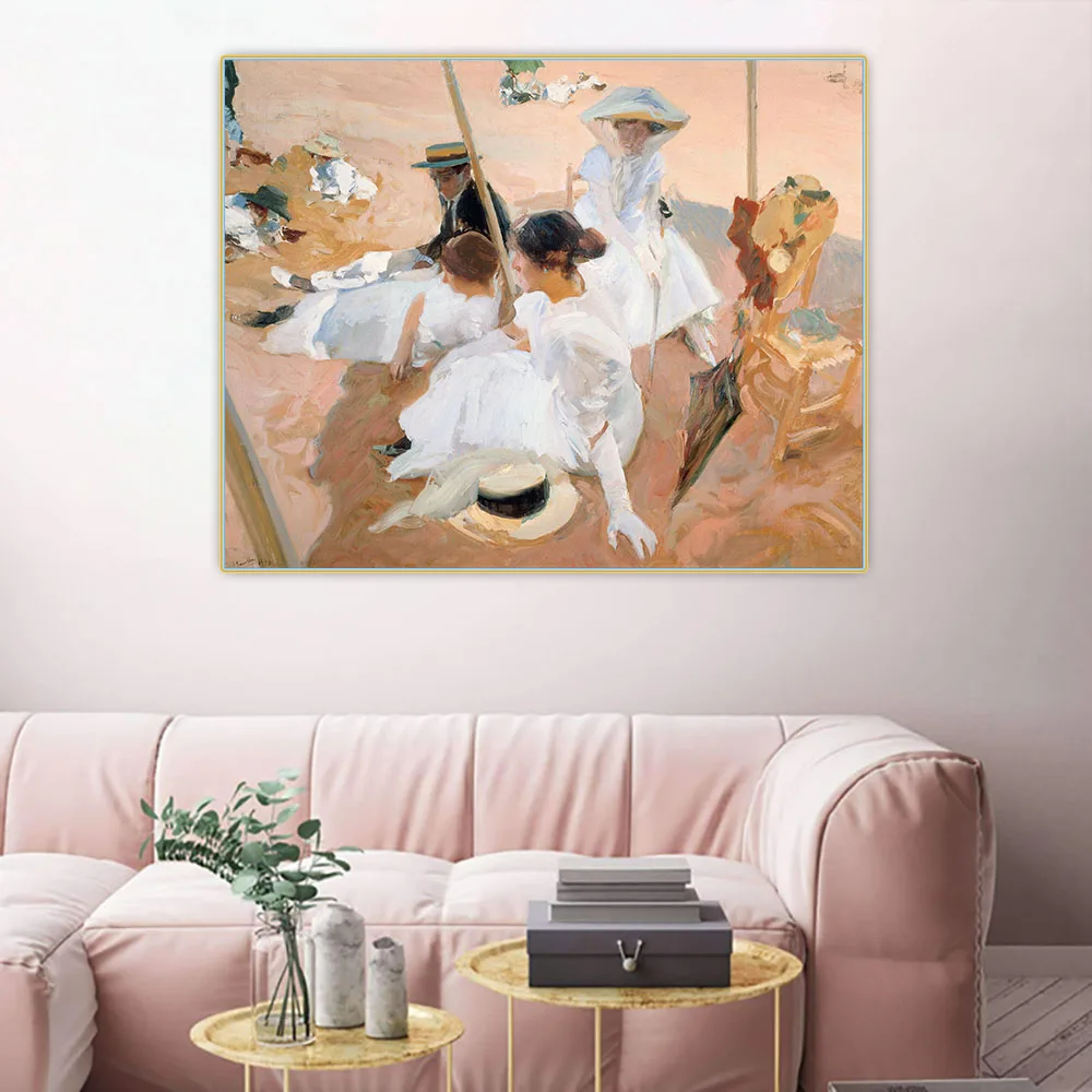 Citon Joaquin Sorolla《Under the awning on Beach at Zarauz》Canvas Oil Painting Picture Backdrop Wall Decor Home Decoration | Дом и сад