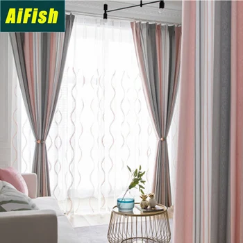 

Modern Linen Blackout Curtains Bedroom Balcony Striped Tulle Curtains Home Decoration Living Room Window Drape Custom zh029-4