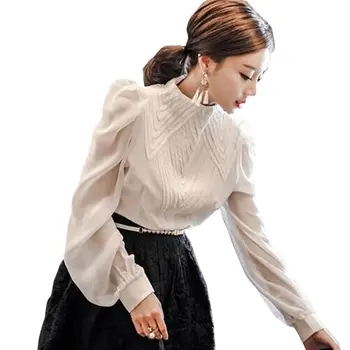 

New Temperament Lantern Sleeve Chiffon Blousees High Quality Vintage Korean Lantern Sleeve Lady Shirt Wild Women's Tops Blouse