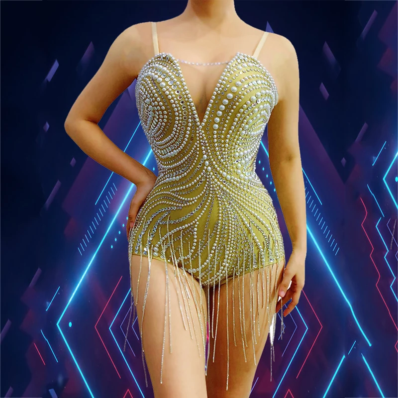 

Sparkly Rhinestones Fringed Bodysuit Women Pearls Rave Outfits Birthday Celebrate Wear Nightclub Pole Dancer Costume XS3115