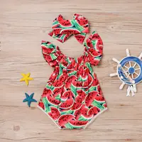 0-36Months Newborn Girl Bodysuit Hairband Set Short Sleeve Watermelon Print Playsuits For Baby Girls Summer Rompers 2