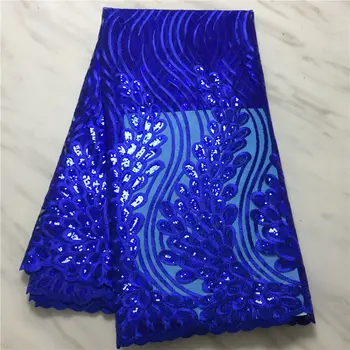 

2020 Latest African Lace Fabric High Quality French Net Embroidery Royal Blue Sequins Tulle Lace Fabric For Nigerian Party Dress